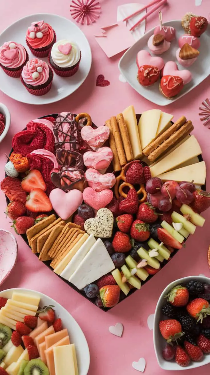 A colorful heart-shaped food board filled with strawberries, cheese, and heart-shaped cookies, surrounded by cupcakes and other sweet treats on a pink background.