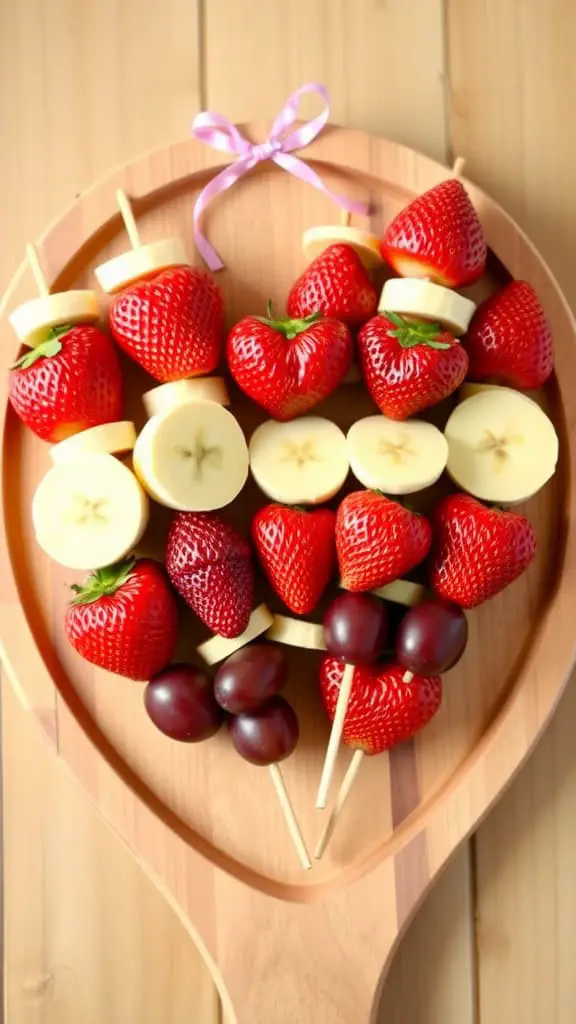 Heart-shaped platter of fruit kabobs featuring strawberries, bananas, and grapes