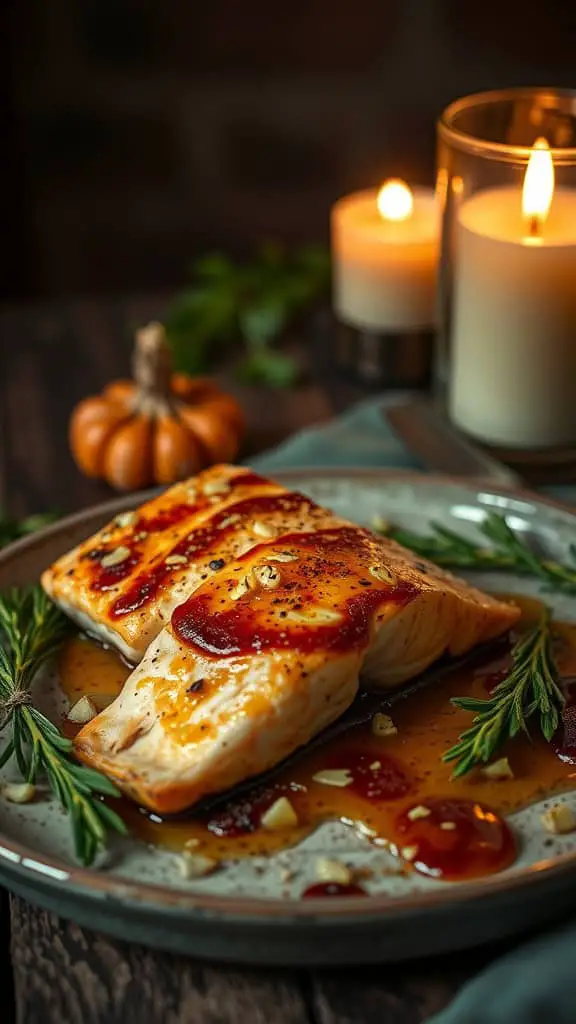 Honey garlic glazed salmon fillets on a plate with herbs and candles, creating a romantic dining atmosphere.