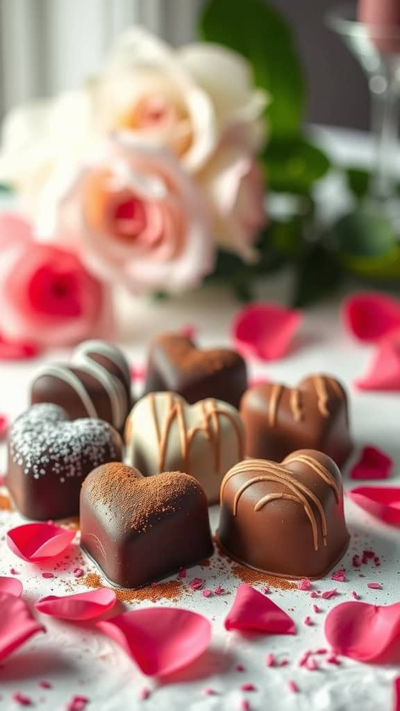 A beautiful arrangement of heart-shaped chocolate truffles surrounded by rose petals.