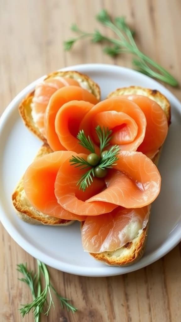 A plate of salmon rose toasts garnished with herbs, resembling flowers.