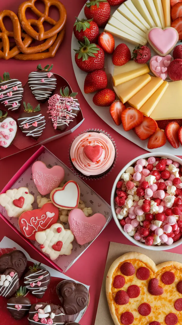 A colorful assortment of Valentine's Day snacks including heart-shaped cookies, strawberries, cheese, and a heart-shaped pizza.