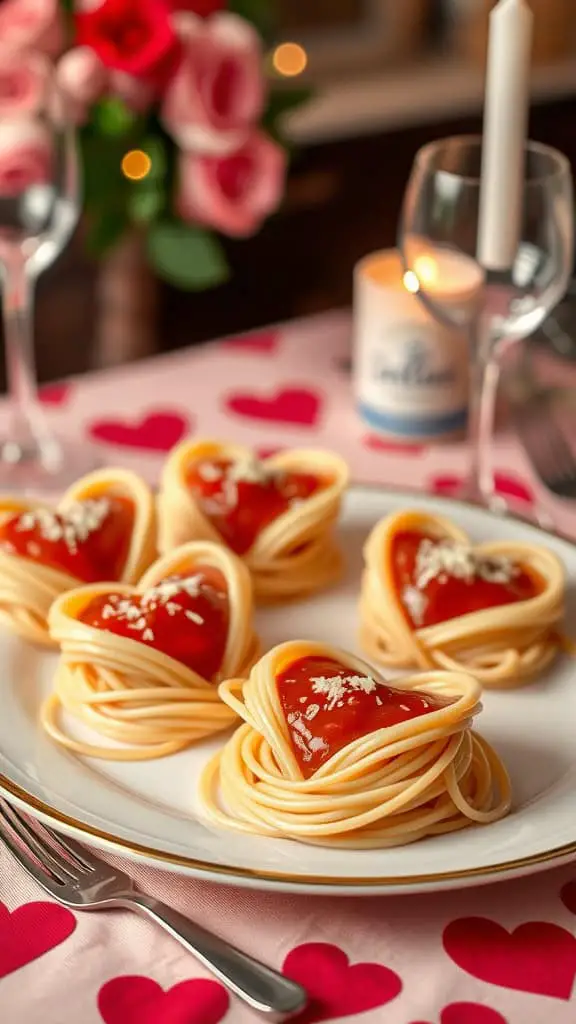 A plate of heart-shaped spaghetti nests topped with tomato sauce, set on a heart-patterned tablecloth with roses and a candle.