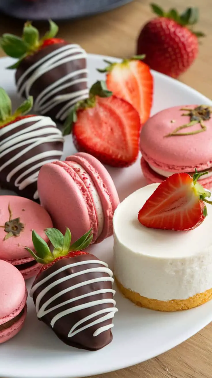 A plate of chocolate-covered strawberries, pink macarons, and a creamy dessert for Valentine's Day