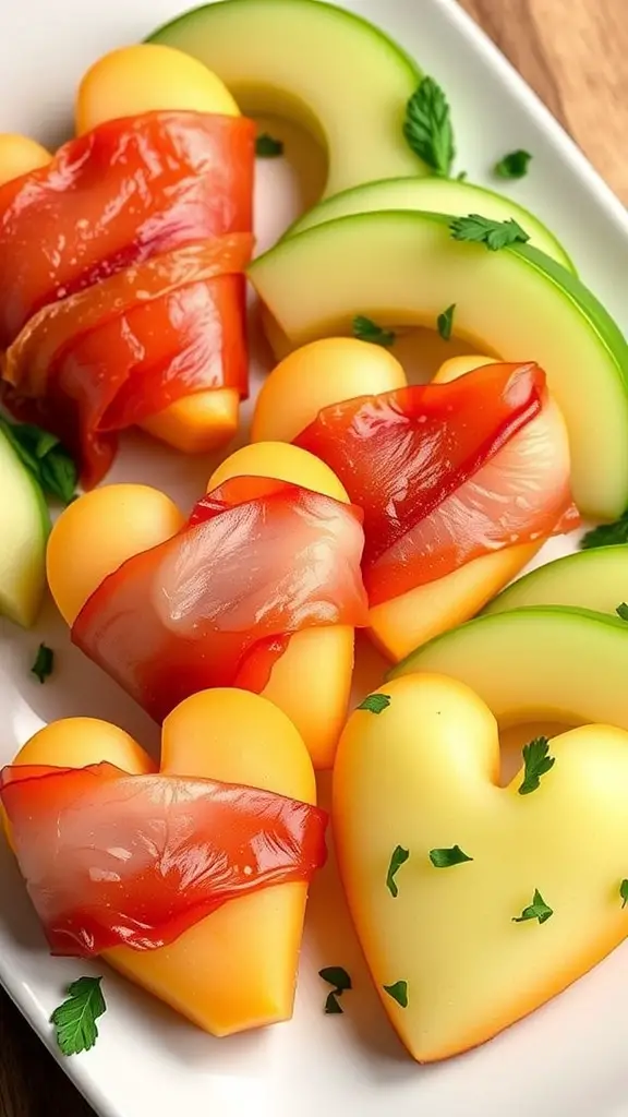 A plate of prosciutto-wrapped melon hearts, garnished with herbs.