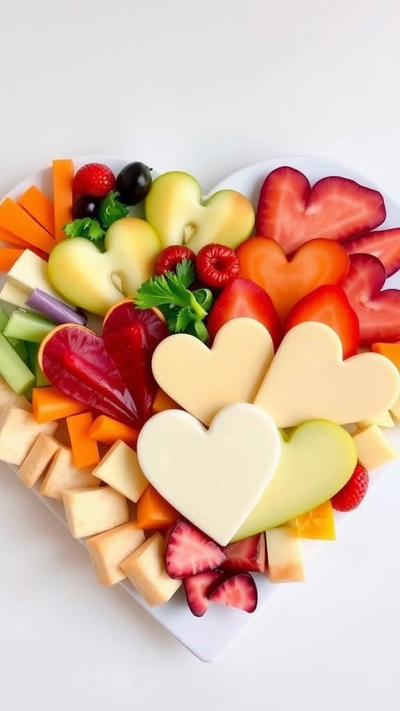 A colorful heart-shaped platter filled with heart-shaped cheese, fruits, and vegetables for Valentine's Day.