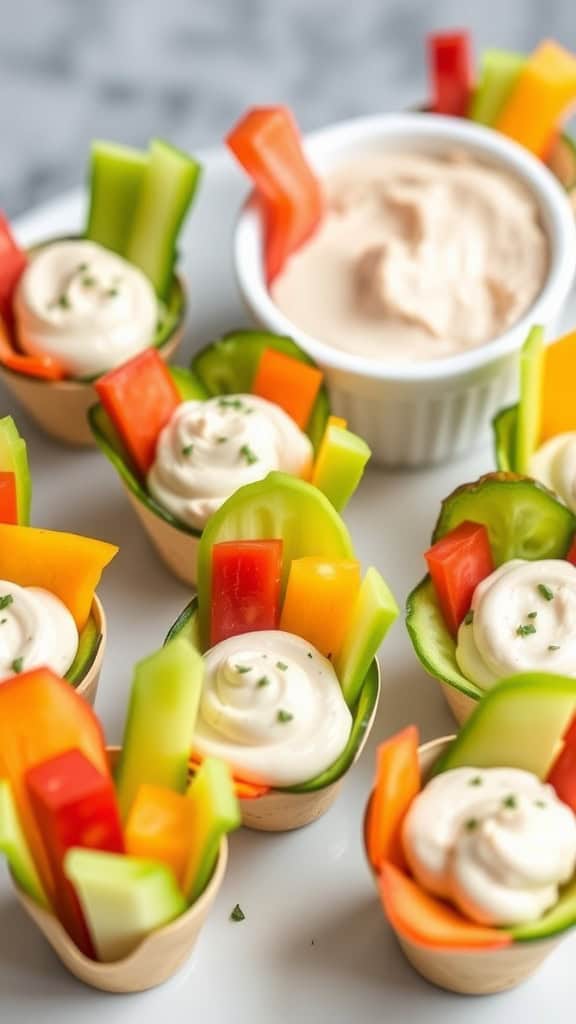 Colorful veggie cups filled with fresh vegetables and creamy dip, arranged for a Valentine's Day celebration.