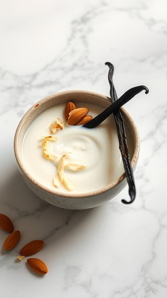 A bowl of vanilla almond cottage cheese chia pudding topped with almond slices and vanilla pods.
