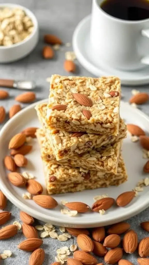 Vanilla almond oat bars stacked on a plate with almonds scattered around, and a cup of coffee in the background.