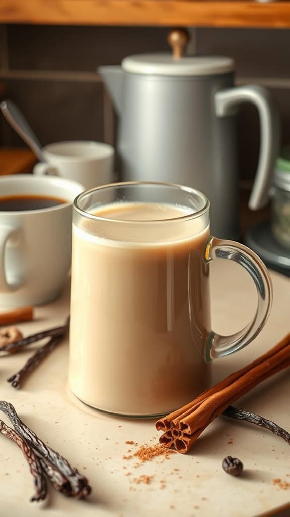 A glass mug of creamy coffee with cinnamon sticks and vanilla beans on a countertop.