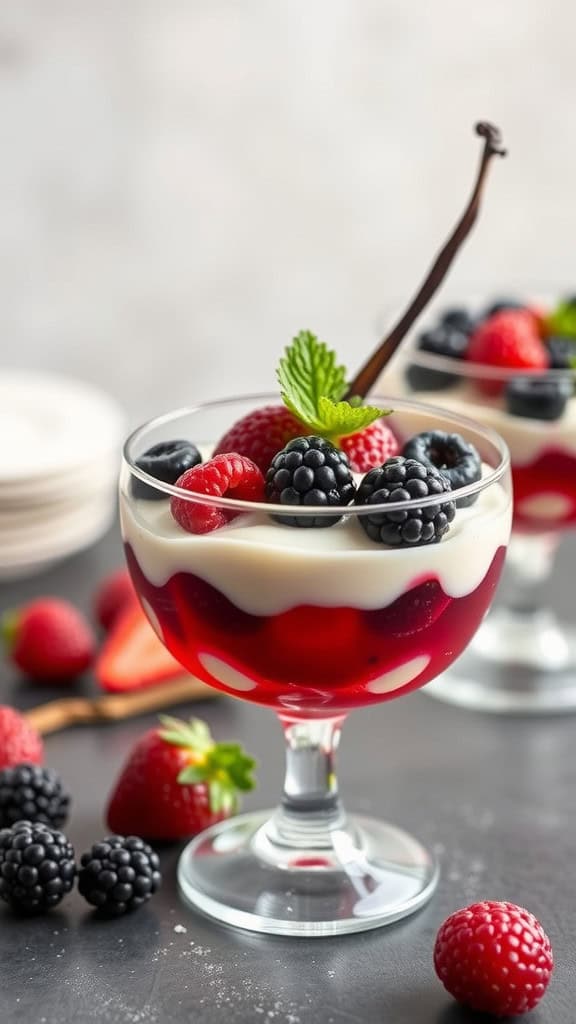 A glass dessert cup filled with red Jello layers topped with vanilla pudding and assorted fresh berries, garnished with mint.