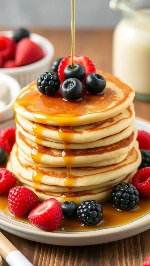Stack of vanilla bean cottage cheese pancakes topped with berries and syrup