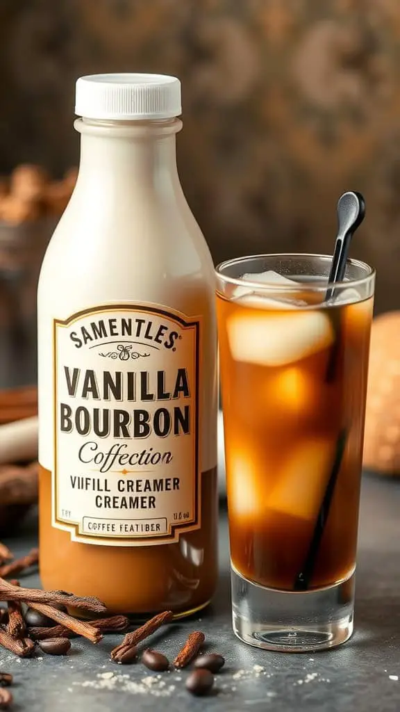 A bottle of Vanilla Bourbon coffee creamer next to a glass of iced coffee.