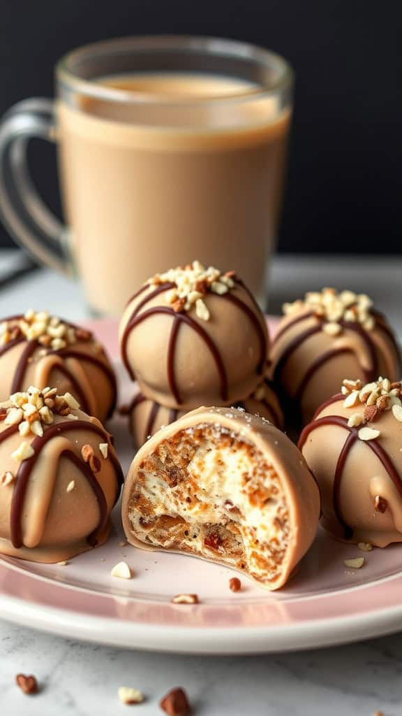 Plate of Vanilla Latte Coffee Truffles with a cup of coffee in the background