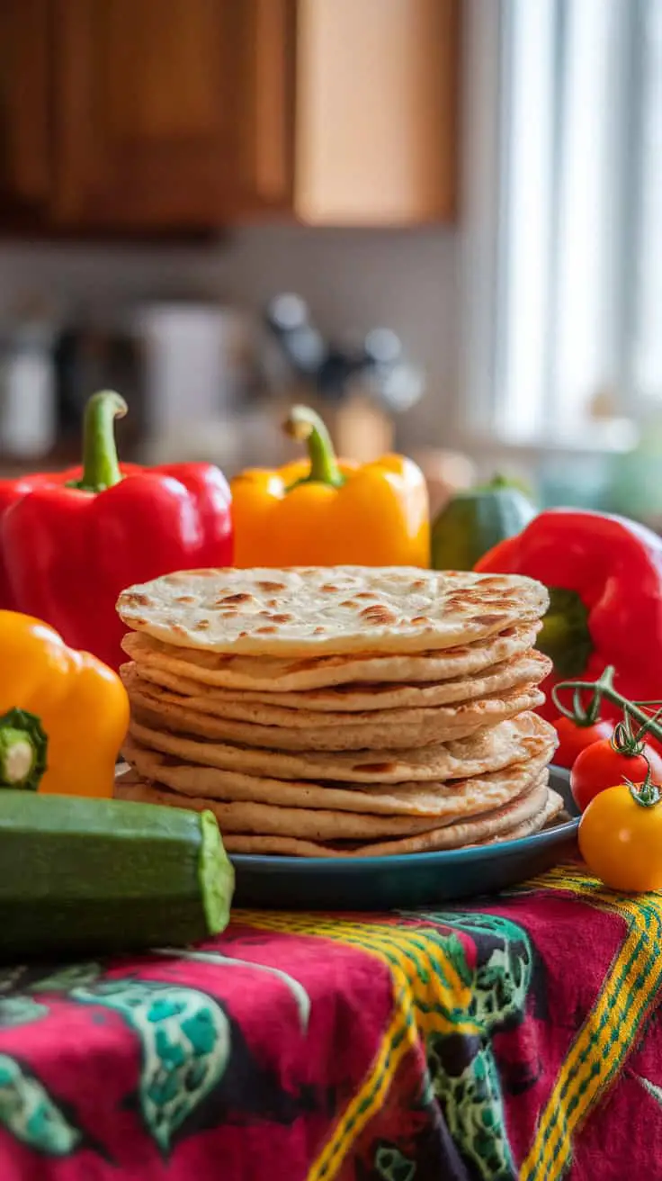 A stack of freshly made vegan flatbreads surrounded by colorful peppers and vegetables on a vibrant tablecloth.