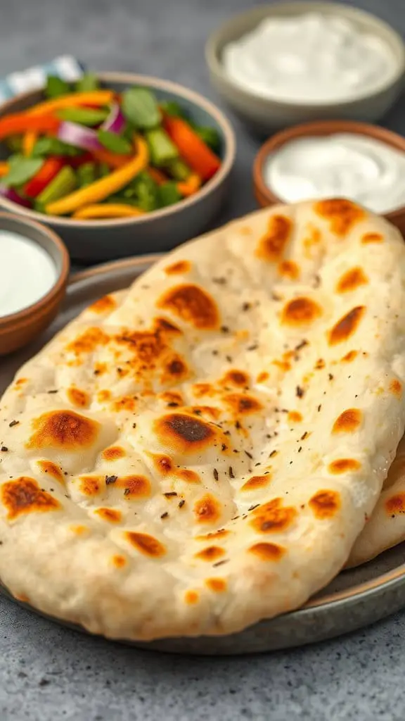 A plate of freshly baked naan bread with a golden-brown crust, served alongside a colorful salad and creamy dips.