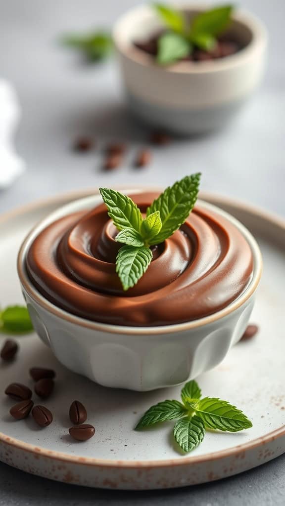 A bowl of creamy vegan coffee chocolate mousse topped with mint leaves, surrounded by coffee beans.