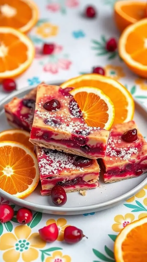 A plate of Vegan Cranberry Orange Bars surrounded by fresh orange slices and cranberries, presented on a colorful floral tablecloth.