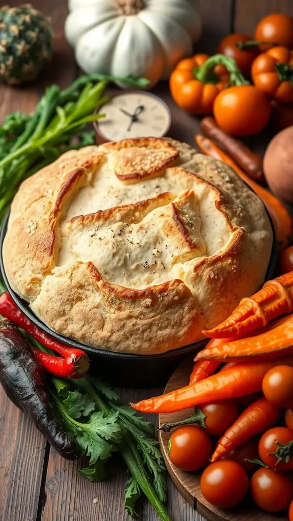 A freshly baked loaf of vegan Dutch oven bread surrounded by fresh vegetables.