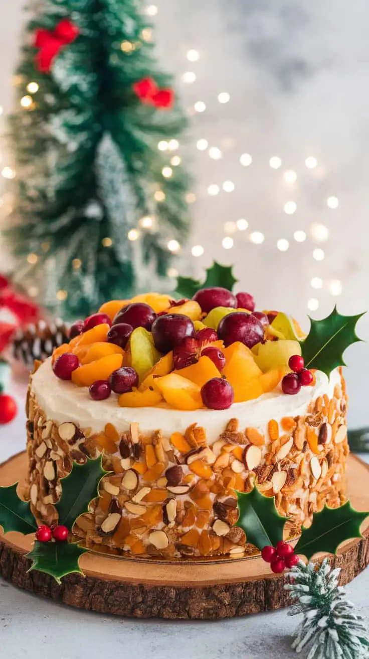 A beautifully decorated vegan eggless Christmas plum cake topped with fruits and almonds, surrounded by festive decorations.