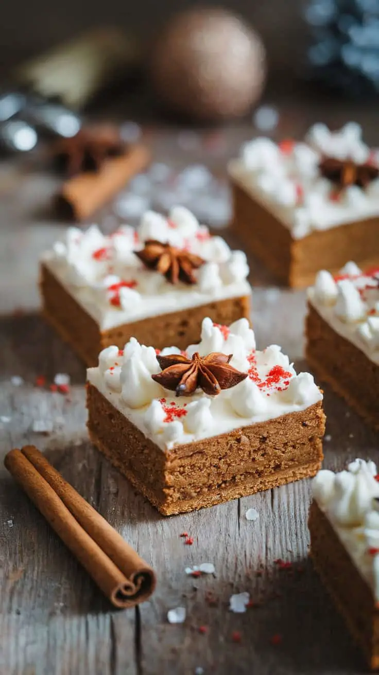 Vegan gingerbread cookie bars topped with cream cheese frosting and festive decorations