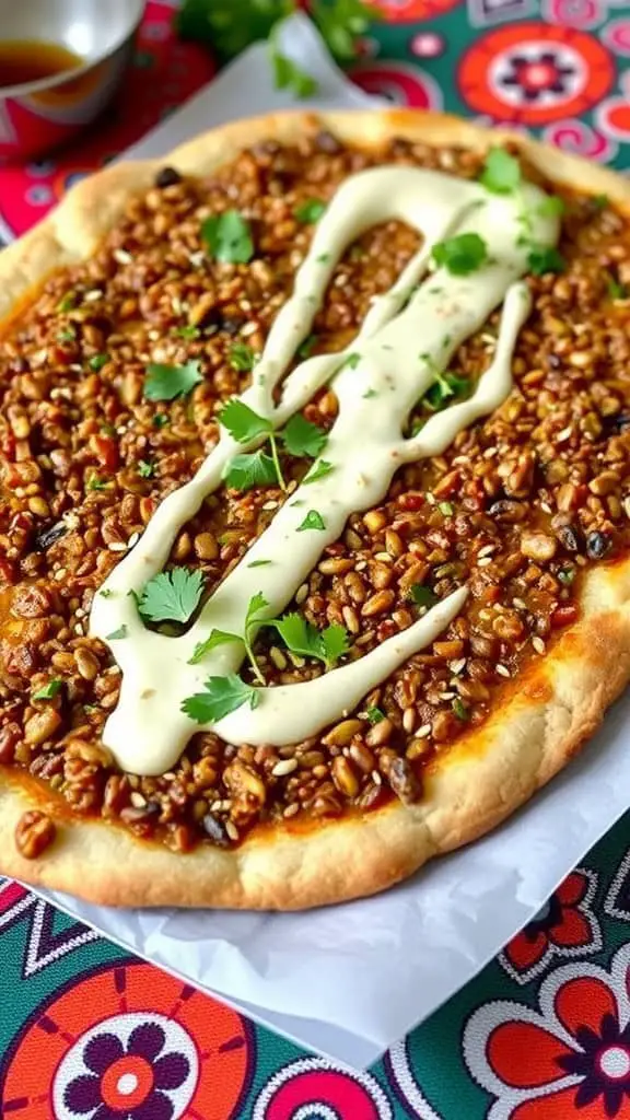 Vegan lentil flatbread topped with lentils and tahini drizzle on a colorful patterned background.