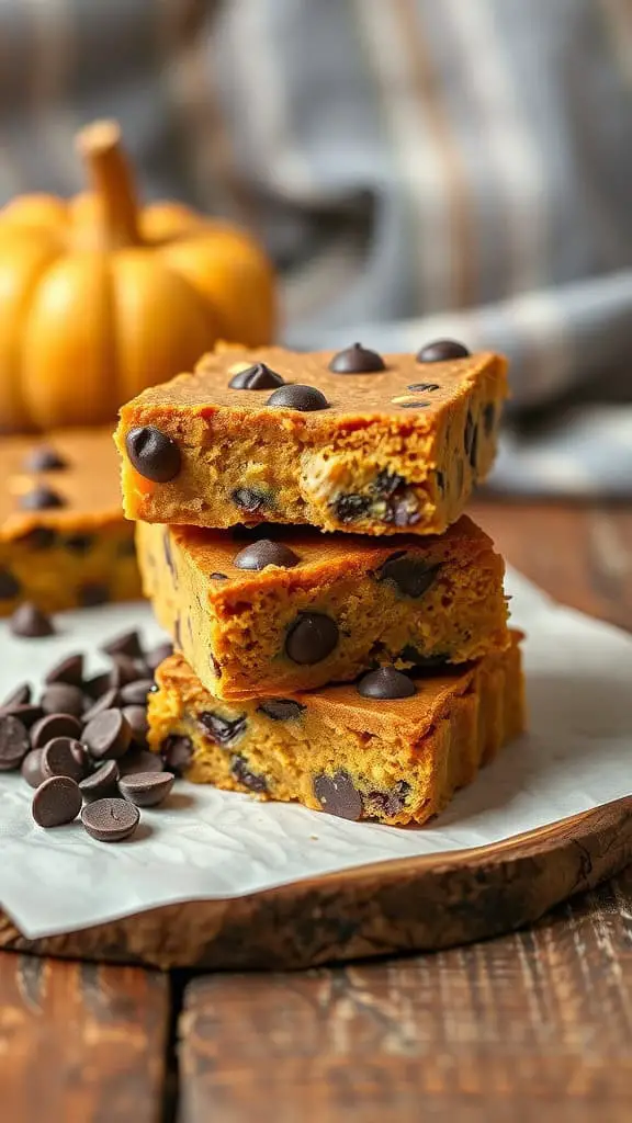 A stack of vegan pumpkin chocolate chip bars with chocolate chips on a wooden board, with a small pumpkin in the background.