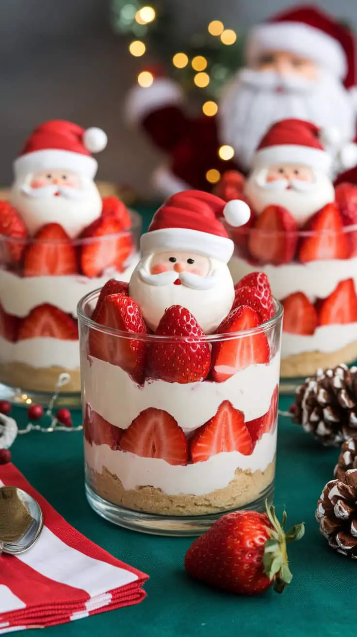 Vegan Strawberry Santa Trifle Cups with strawberries and cream