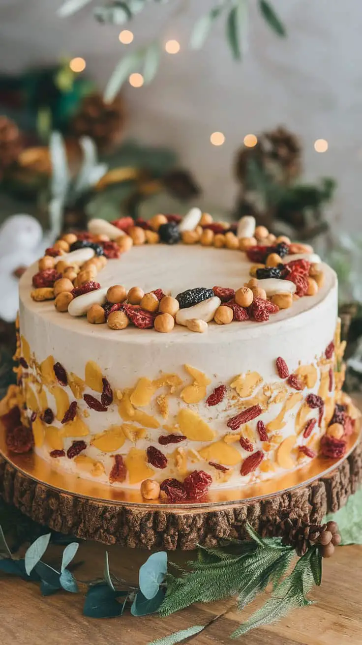 A beautifully decorated vegan fruit cake topped with nuts and dried fruits, displayed on a rustic wooden stand.