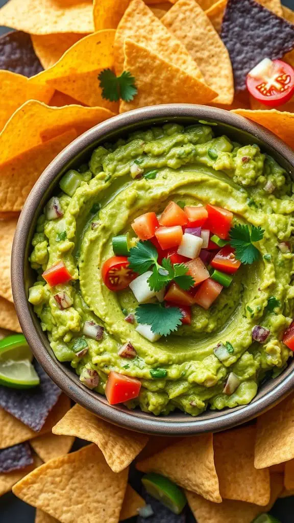 A bowl of veggie-loaded guacamole topped with diced tomatoes and cilantro, surrounded by tortilla chips.