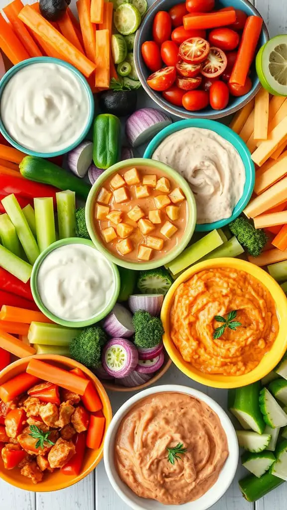 A colorful arrangement of fresh vegetables and assorted dips