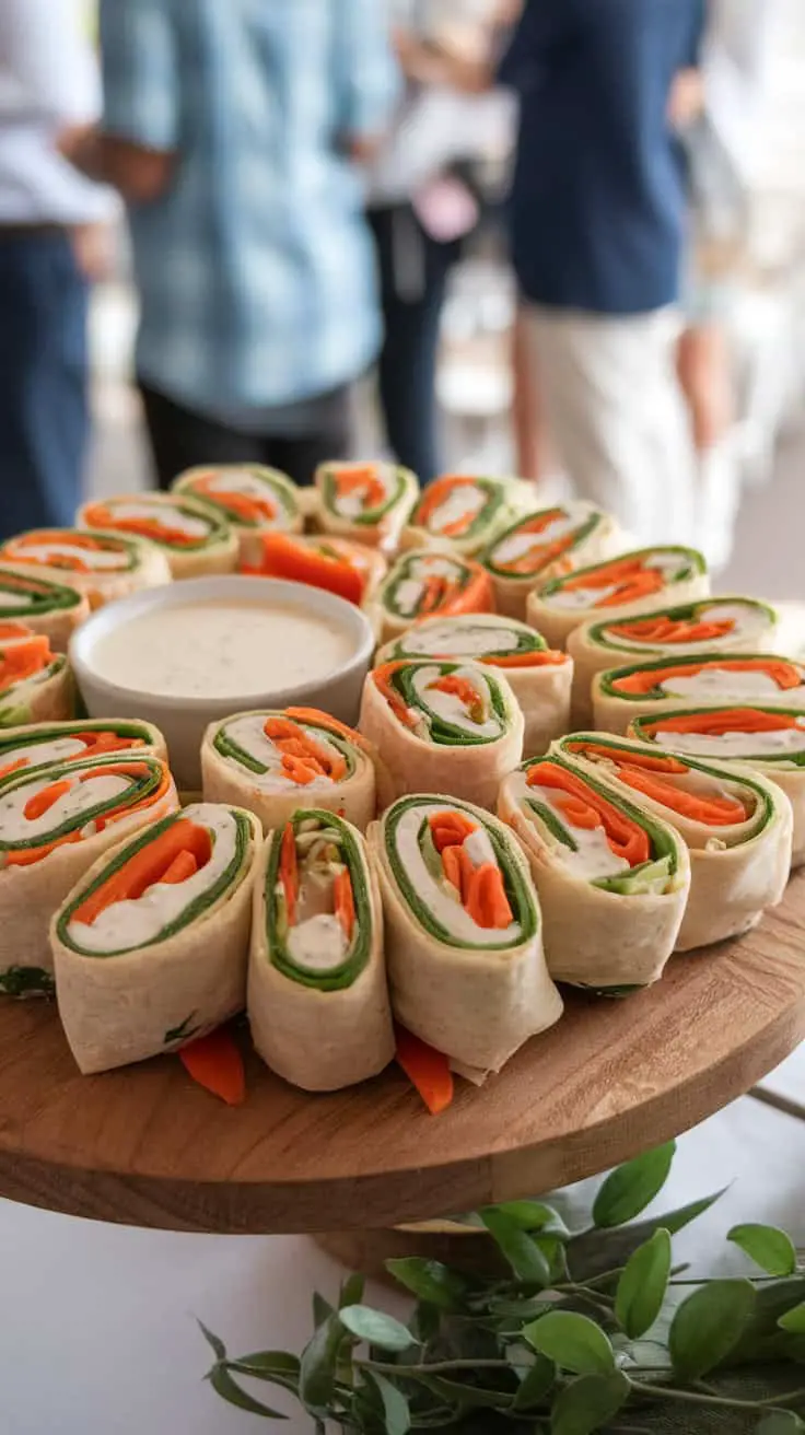 A platter of Veggie Ranch Tortilla Pinwheels arranged around a bowl of ranch dressing.