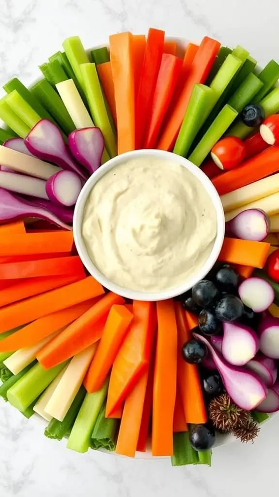 A colorful veggie tray with various vegetables arranged around a bowl of creamy dip.