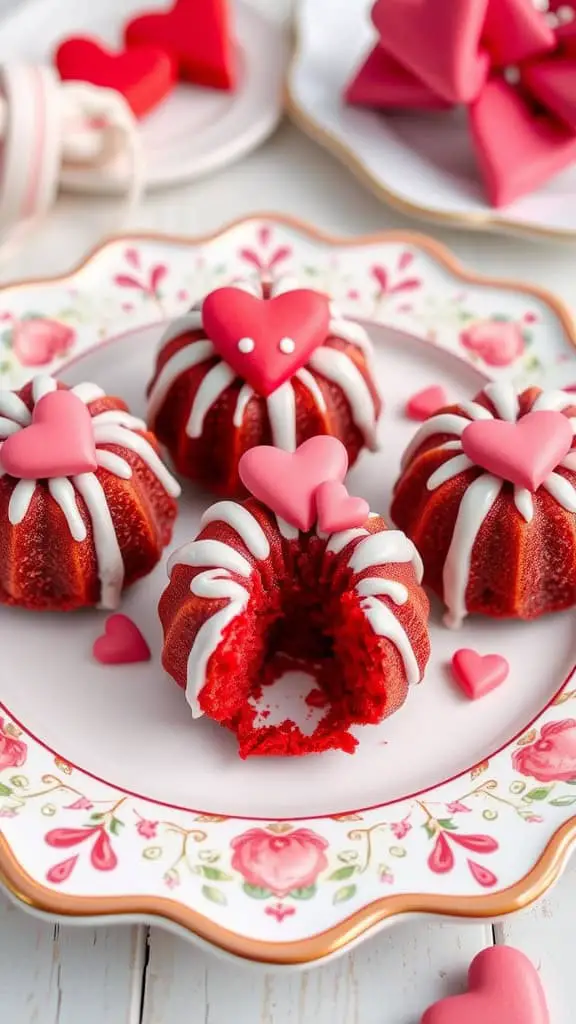 A plate of mini red velvet bundt cakes decorated with white icing and heart-shaped candies.