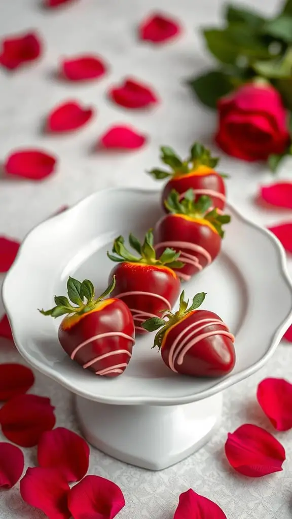 A plate of velvet red dipped strawberries elegantly arranged with rose petals.