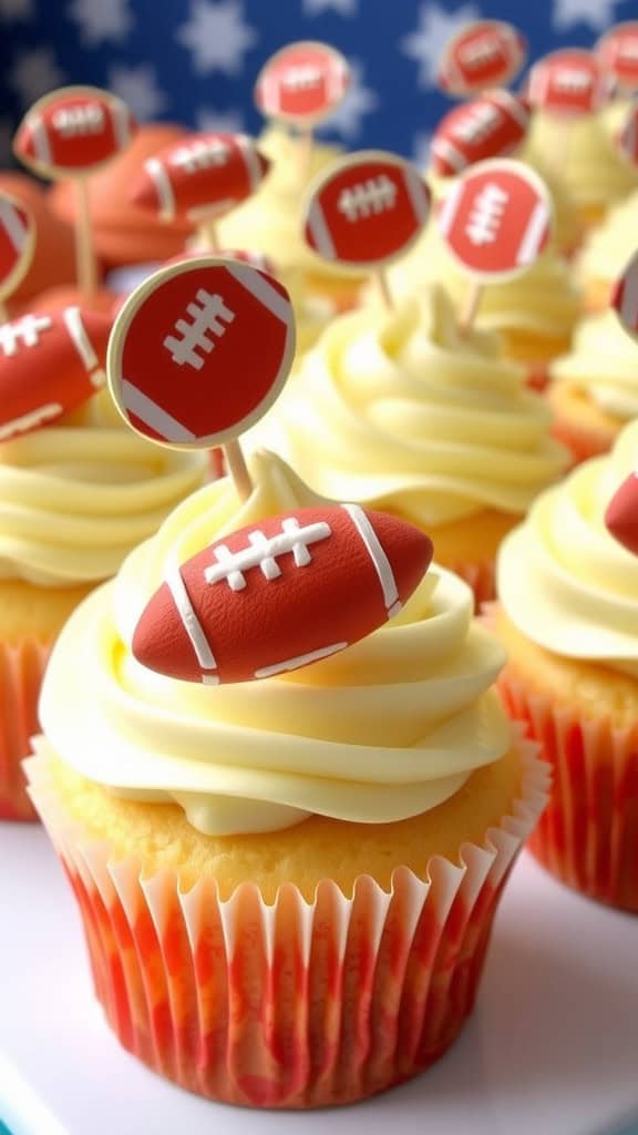 Vanilla cupcakes with football-themed decorations, perfect for a Super Bowl party