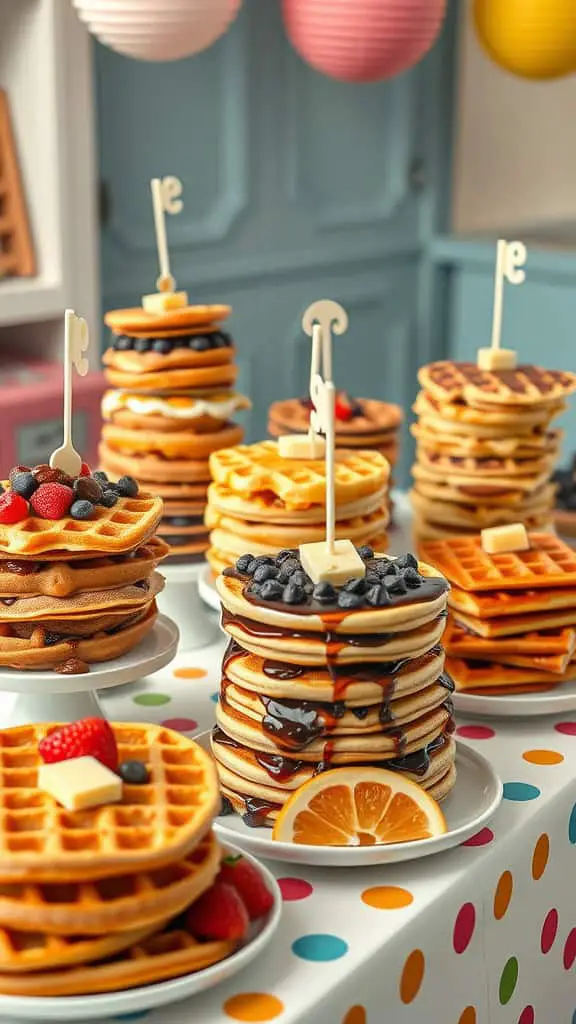 A colorful waffle party display with stacked waffles, fresh fruits, and syrup on a polka dot tablecloth.