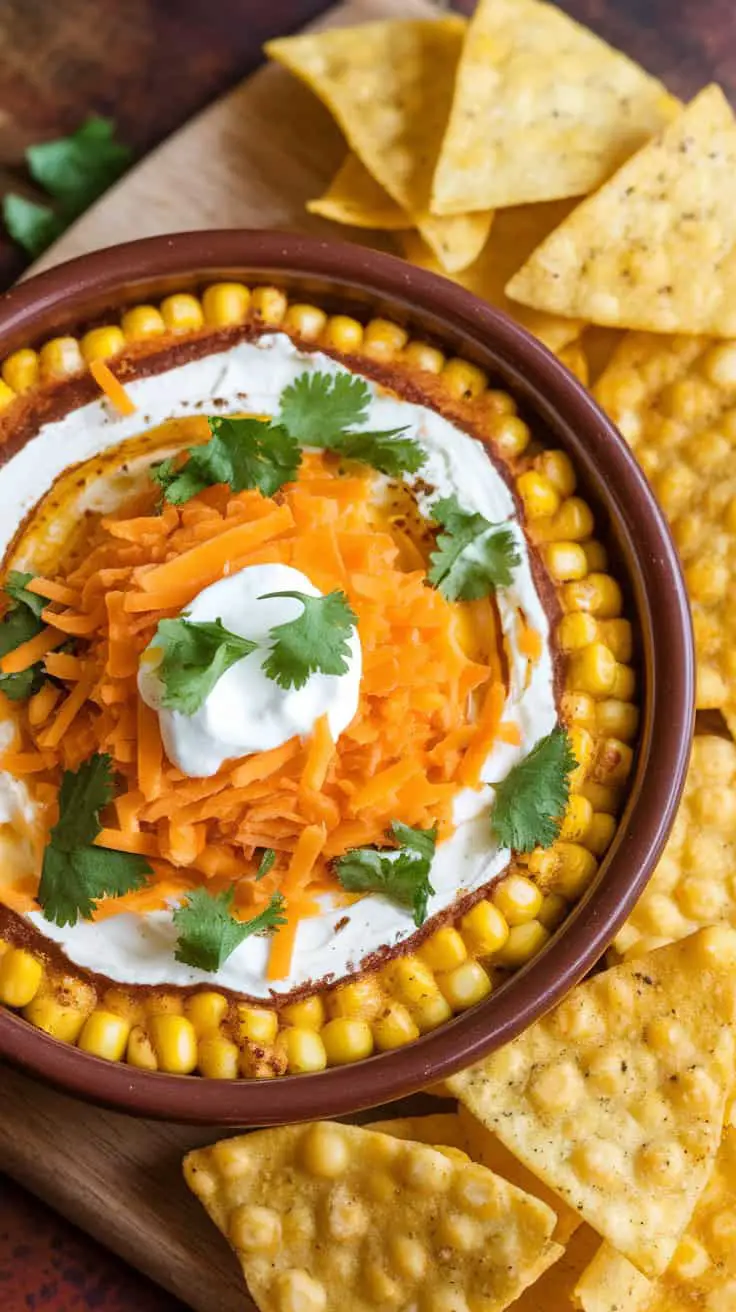 A delicious bowl of warm elote corn dip topped with shredded cheese and cilantro, surrounded by tortilla chips.