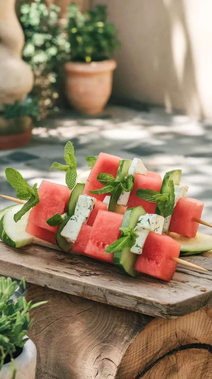 Colorful watermelon and feta skewers with mint leaves on a wooden platter