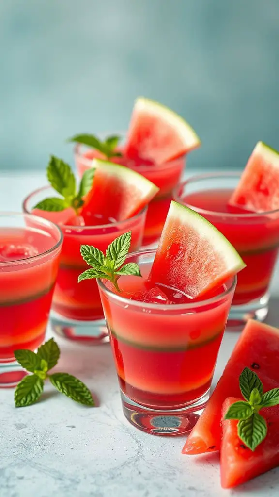 Colorful watermelon mint jello shots garnished with fresh mint and watermelon slices