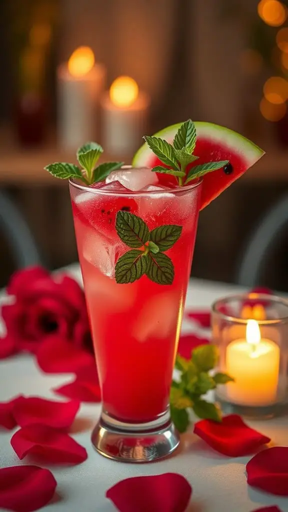 A refreshing watermelon mint drink garnished with mint leaves and a watermelon slice, set against a romantic backdrop with rose petals and candles.