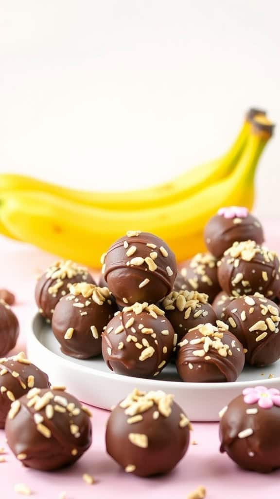 A plate of chocolate-covered banana bites topped with sprinkles, with fresh bananas in the background.