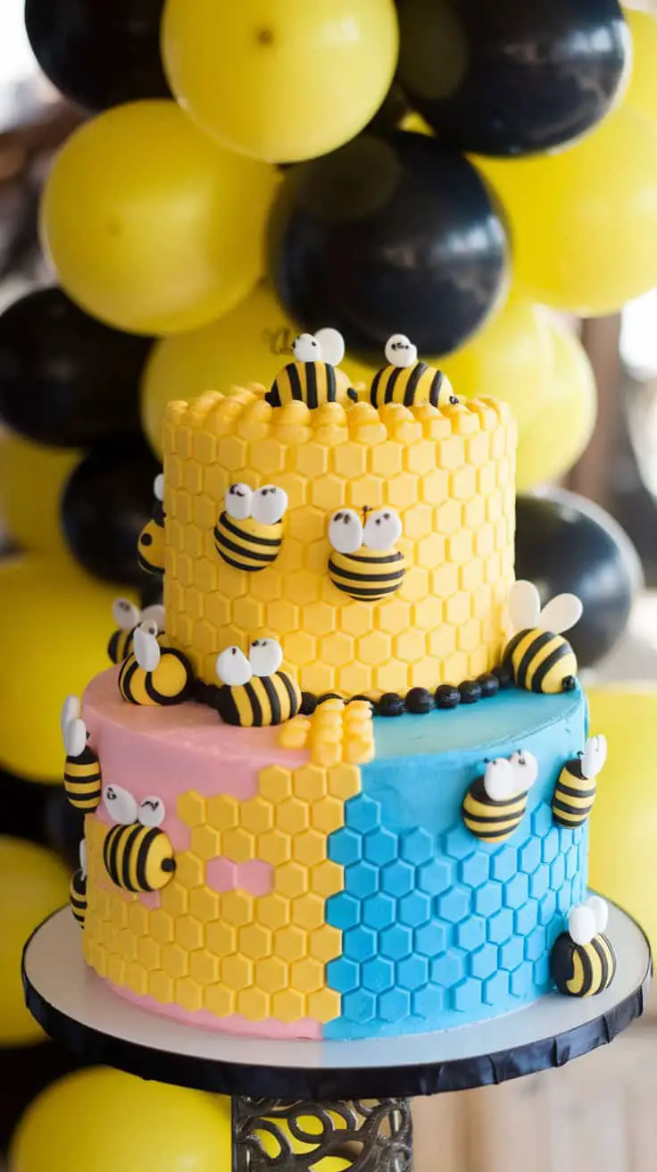 A bee-themed gender reveal cake with yellow, pink, and blue tiers, decorated with cute bee figures.