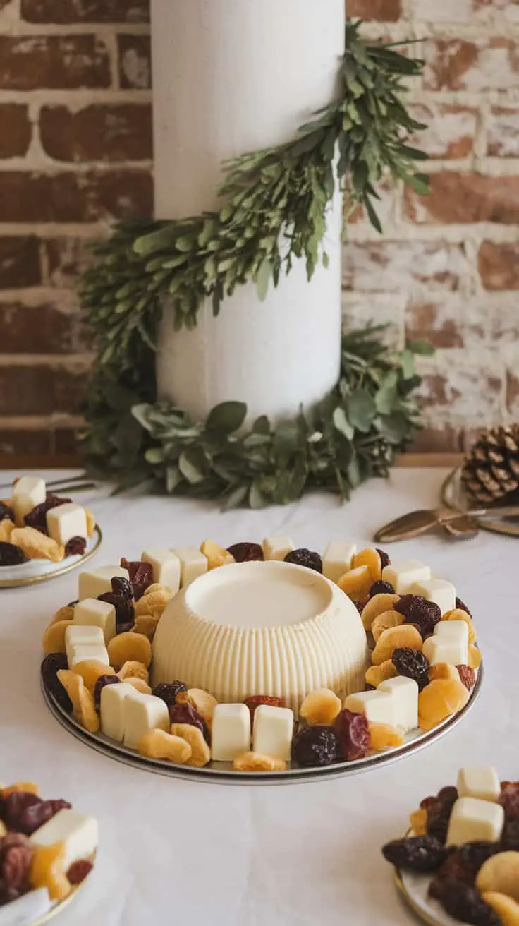 A platter of white chocolate nougat surrounded by dried fruits, set against a rustic background.