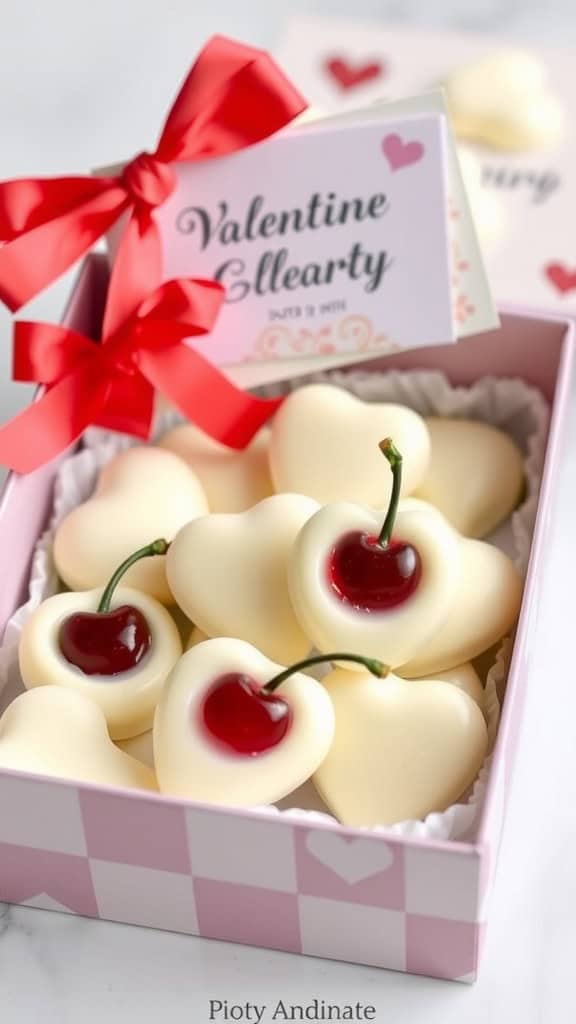 A box of heart-shaped white chocolate melts with cherry filling, decorated with a red ribbon and a Valentine's card.