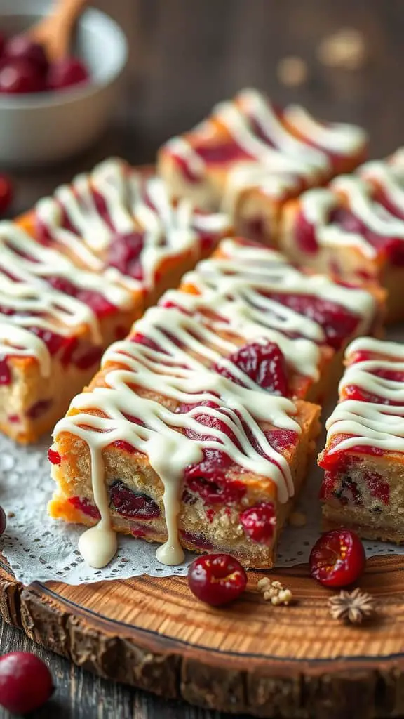 White chocolate cranberry bliss bars with a buttery shortbread crust, topped with white chocolate drizzle and fresh cranberries.