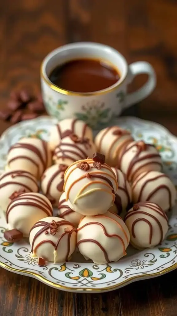 Plate of white chocolate mocha truffles with a cup of coffee.