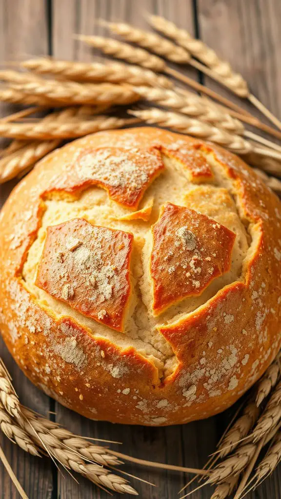 A round loaf of rustic whole wheat Dutch oven bread surrounded by wheat stalks.