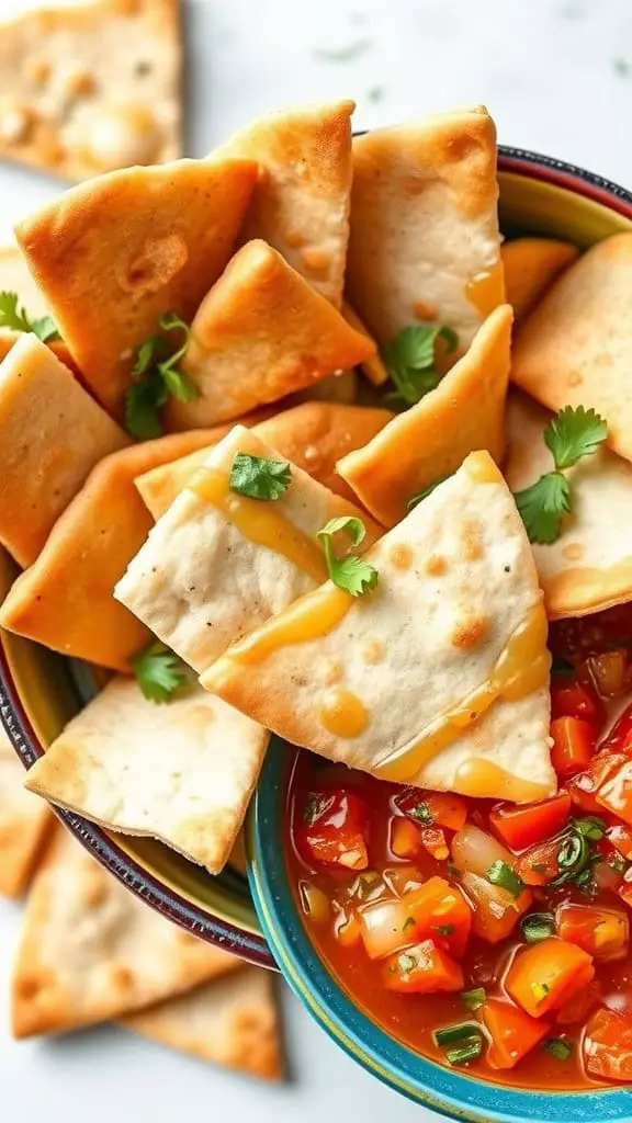 A bowl of whole wheat pita chips with vibrant salsa and fresh cilantro