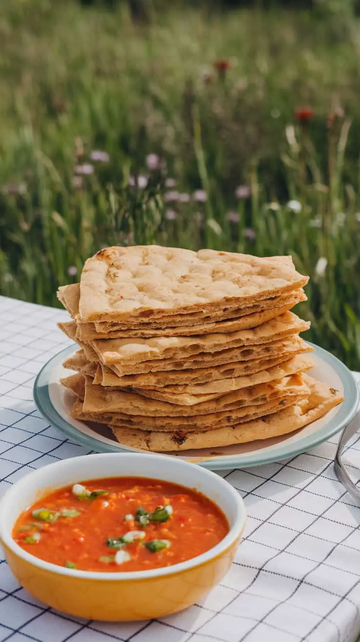 A stack of whole wheat yogurt flatbread with a bowl of sauce, set outdoors.